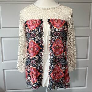 Lace Sleeve‎ Tunic Top Floral Print Bohemian Style Blouse